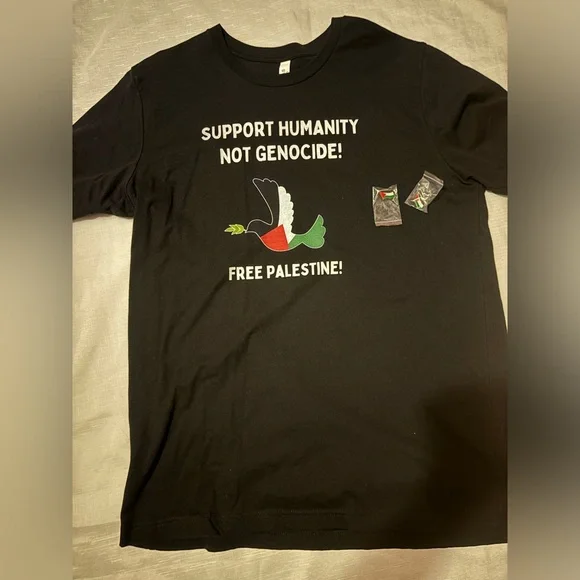 NEW! Free Palestine T Shirt AND Two Palestinian Flag Pins Black XL - Picture 2 of 6